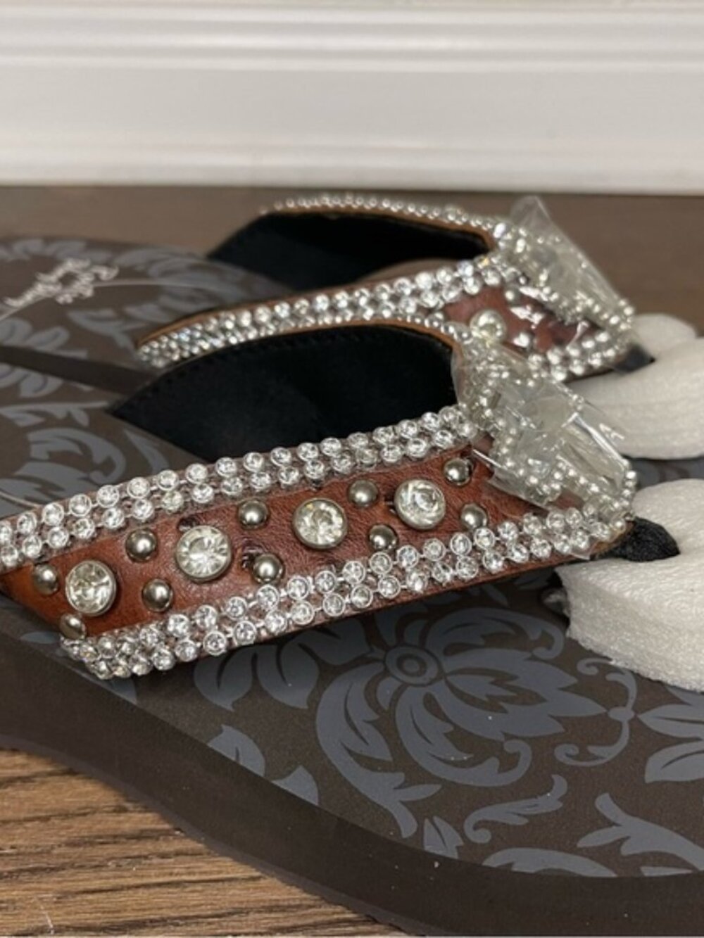 Rustic Bling Bling Wedge Flip Flops Brown Rhinestone Sandals XL- Brand New - Picture 8 of 13